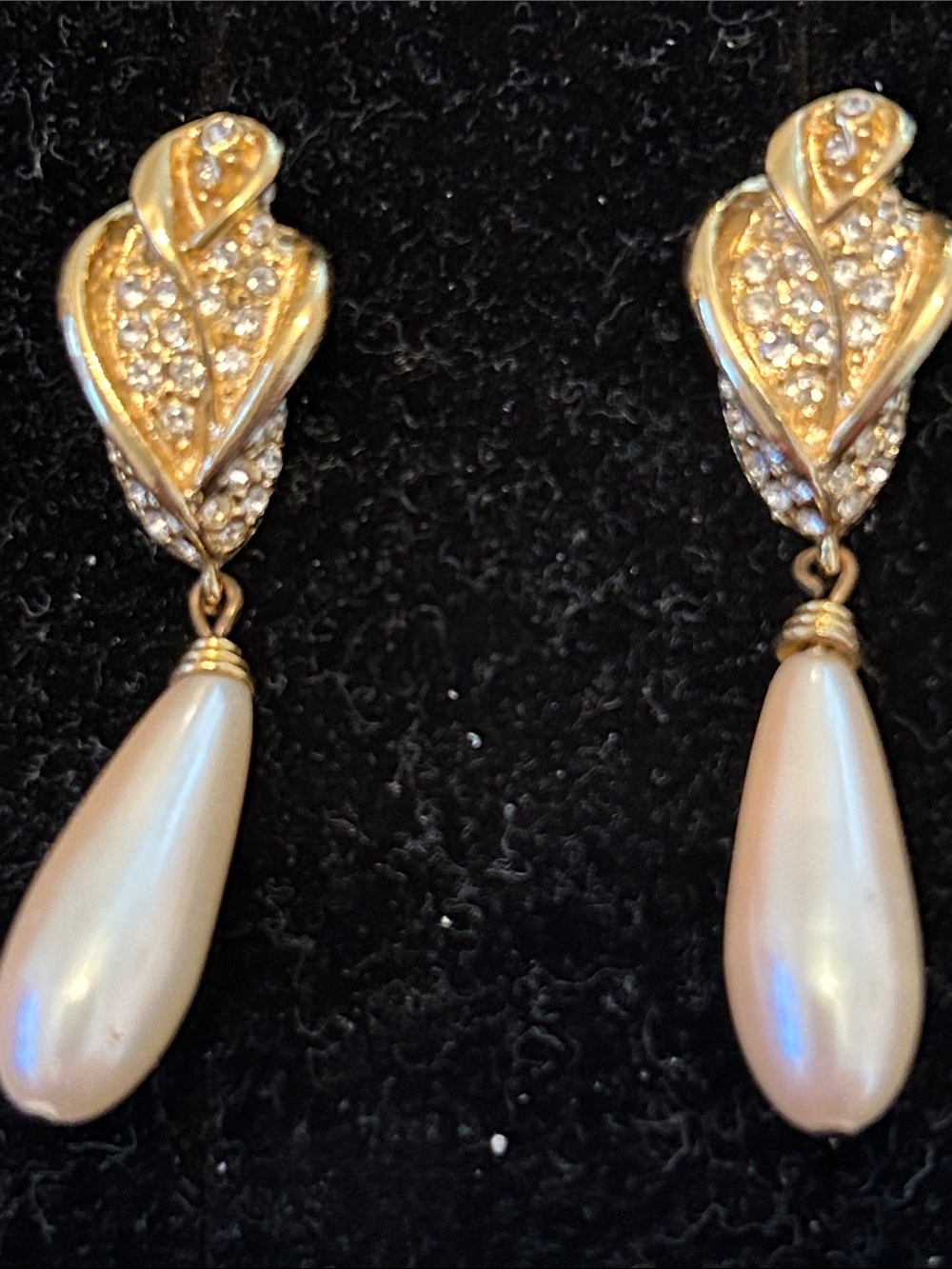 Clip on Gold Pearl Teardrop Earrings with Crystal Accents
